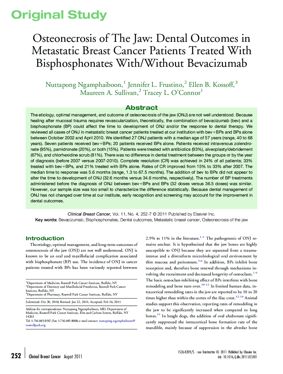 Osteonecrosis of The Jaw: Dental Outcomes in Metastatic Breast Cancer Patients Treated With Bisphosphonates With/Without Bevacizumab