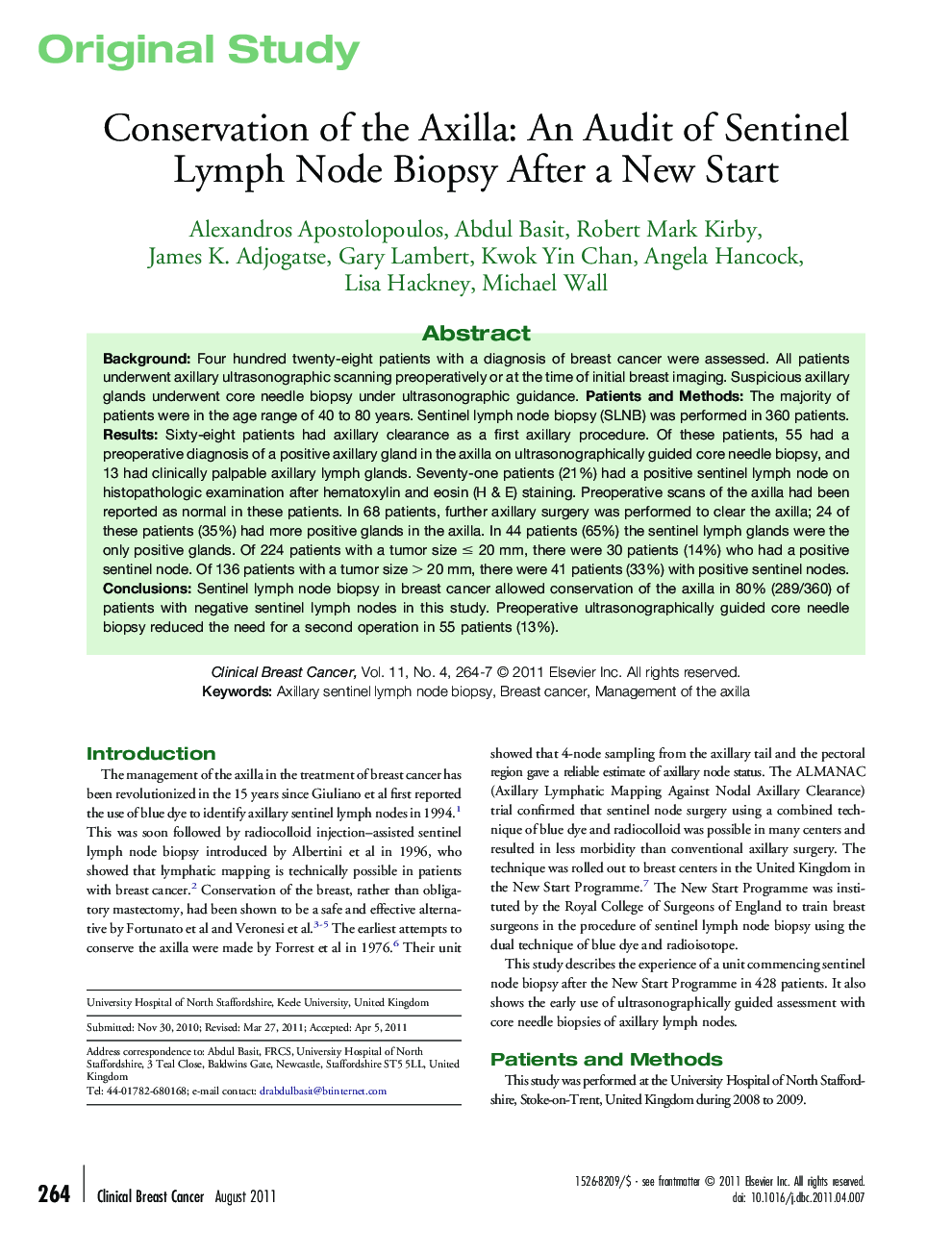 عکس صفحه اول مقاله: Conservation of the Axilla: An Audit of Sentinel Lymph Node Biopsy After a New Start Conservation of the Axilla: An Audit of Sentinel Lymph Node Biopsy After a New Start