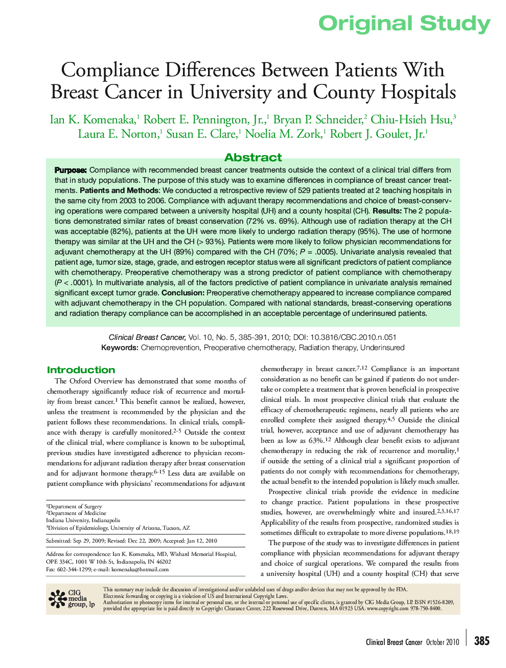Compliance Differences Between Patients With Breast Cancer in University and County Hospitals