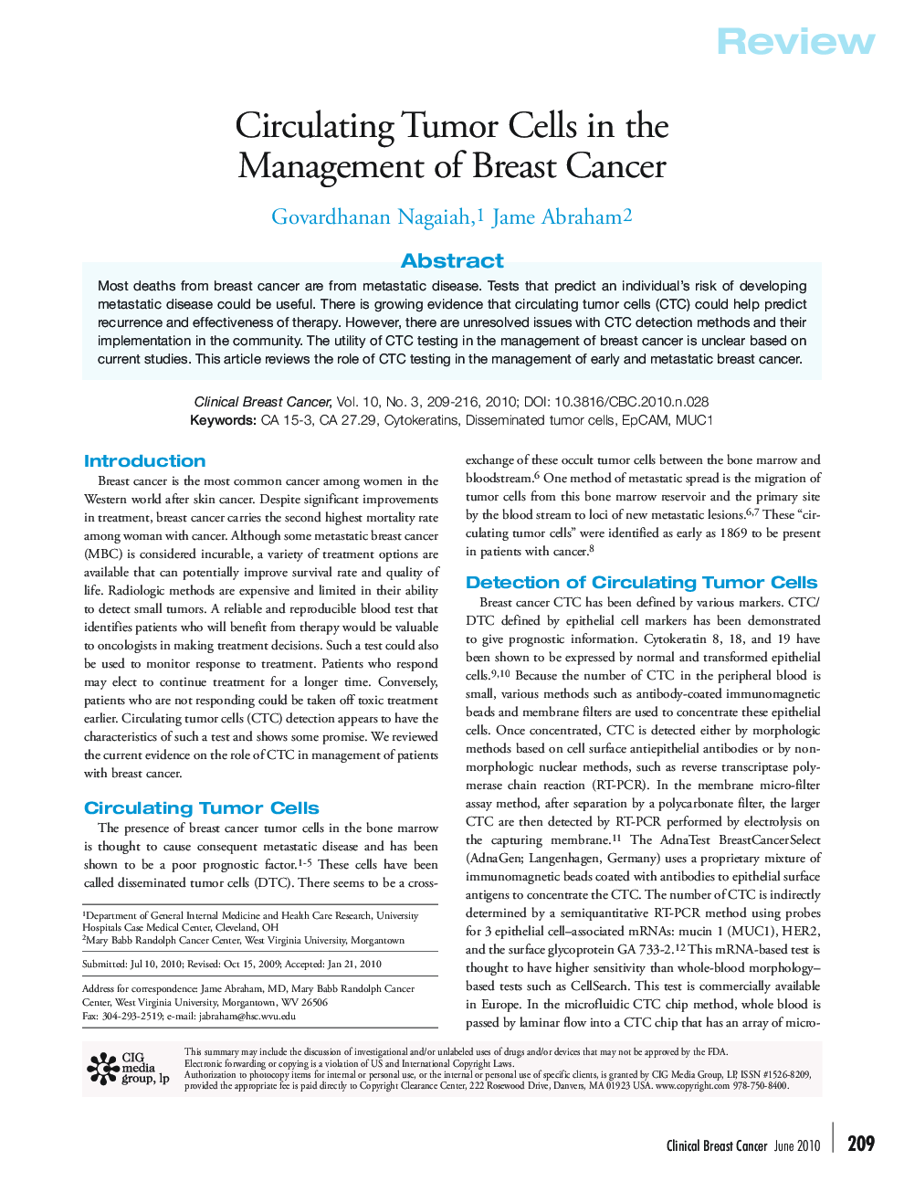Circulating Tumor Cells in the Management of Breast Cancer 