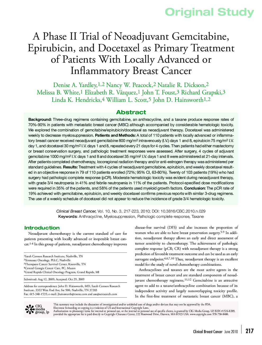 A Phase II Trial of Neoadjuvant Gemcitabine, Epirubicin, and Docetaxel as Primary Treatment of Patients With Locally Advanced or Inflammatory Breast Cancer 