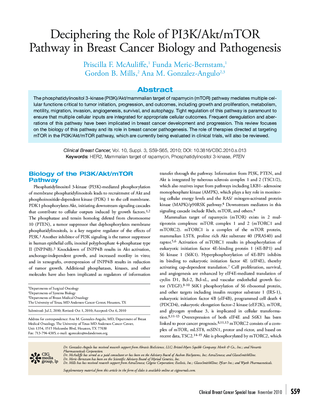 Deciphering the Role of PI3K/Akt/mTOR Pathway in Breast Cancer Biology and Pathogenesis 