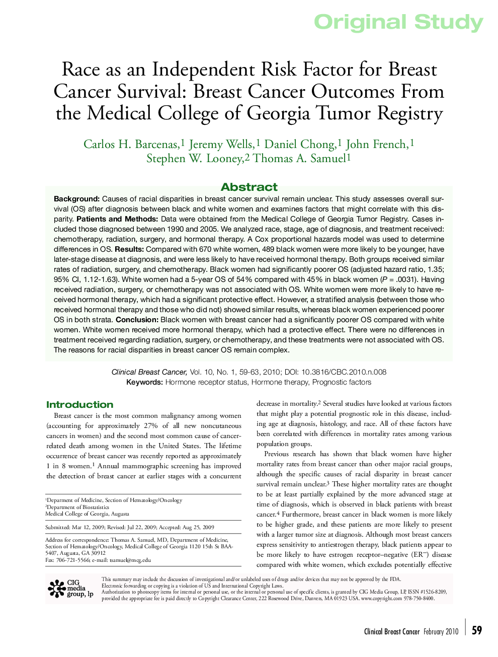 Race as an Independent Risk Factor for Breast Cancer Survival: Breast Cancer Outcomes From the Medical College of Georgia Tumor Registry 