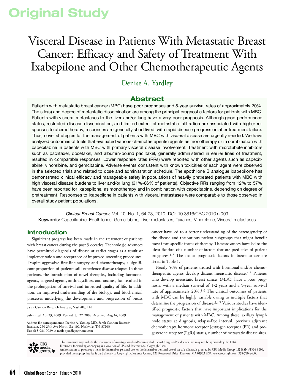 Visceral Disease in Patients With Metastatic Breast Cancer: Efficacy and Safety of Treatment With Ixabepilone and Other Chemotherapeutic Agents 