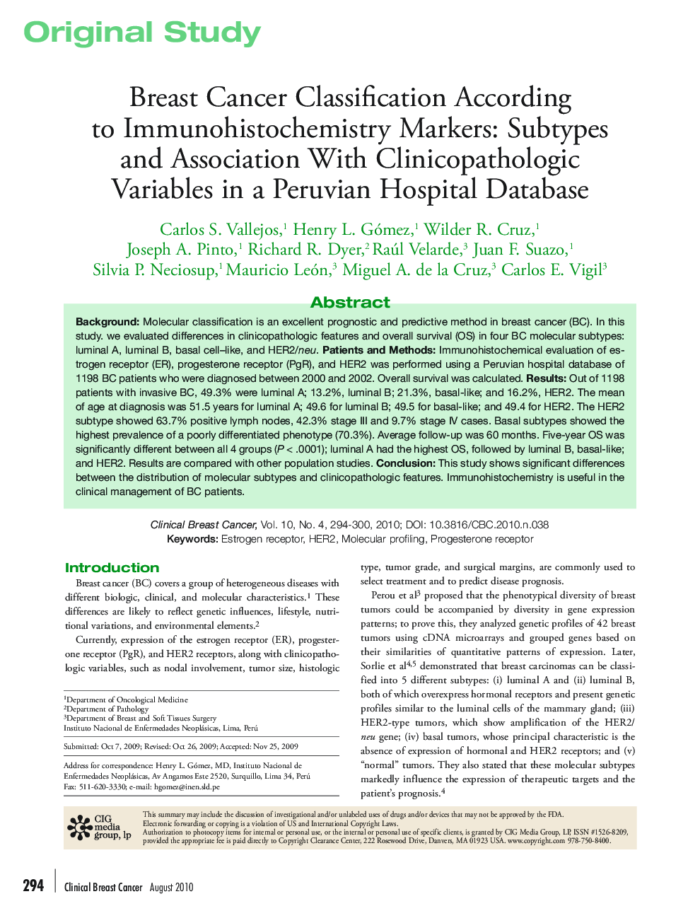 Breast Cancer Classification According to Immunohistochemistry Markers: Subtypes and Association With Clinicopathologic Variables in a Peruvian Hospital Database 