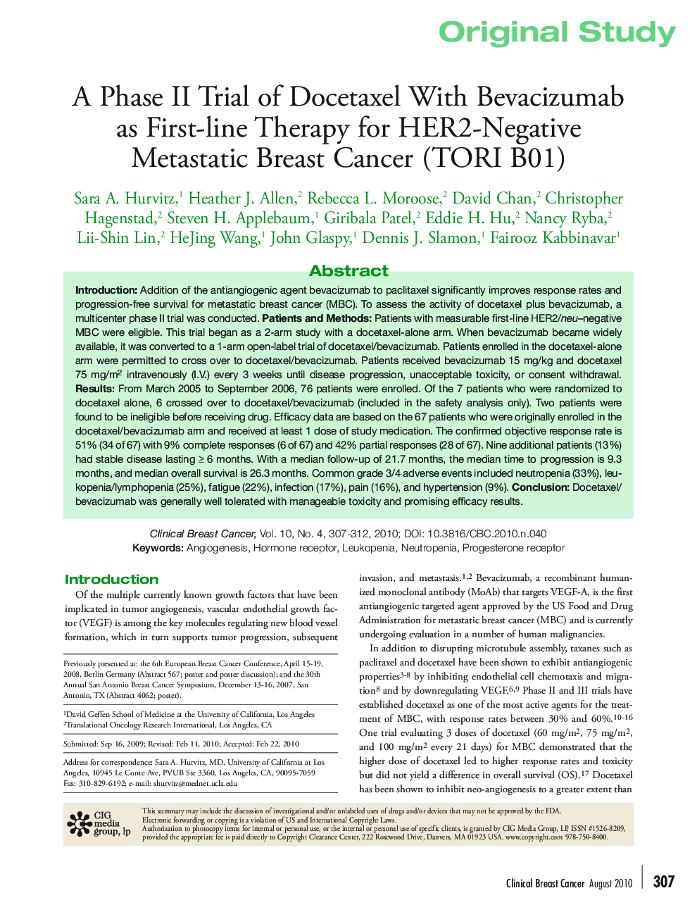 A Phase II Trial of Docetaxel With Bevacizumab as First-line Therapy for HER2-Negative Metastatic Breast Cancer (TORI B01) 