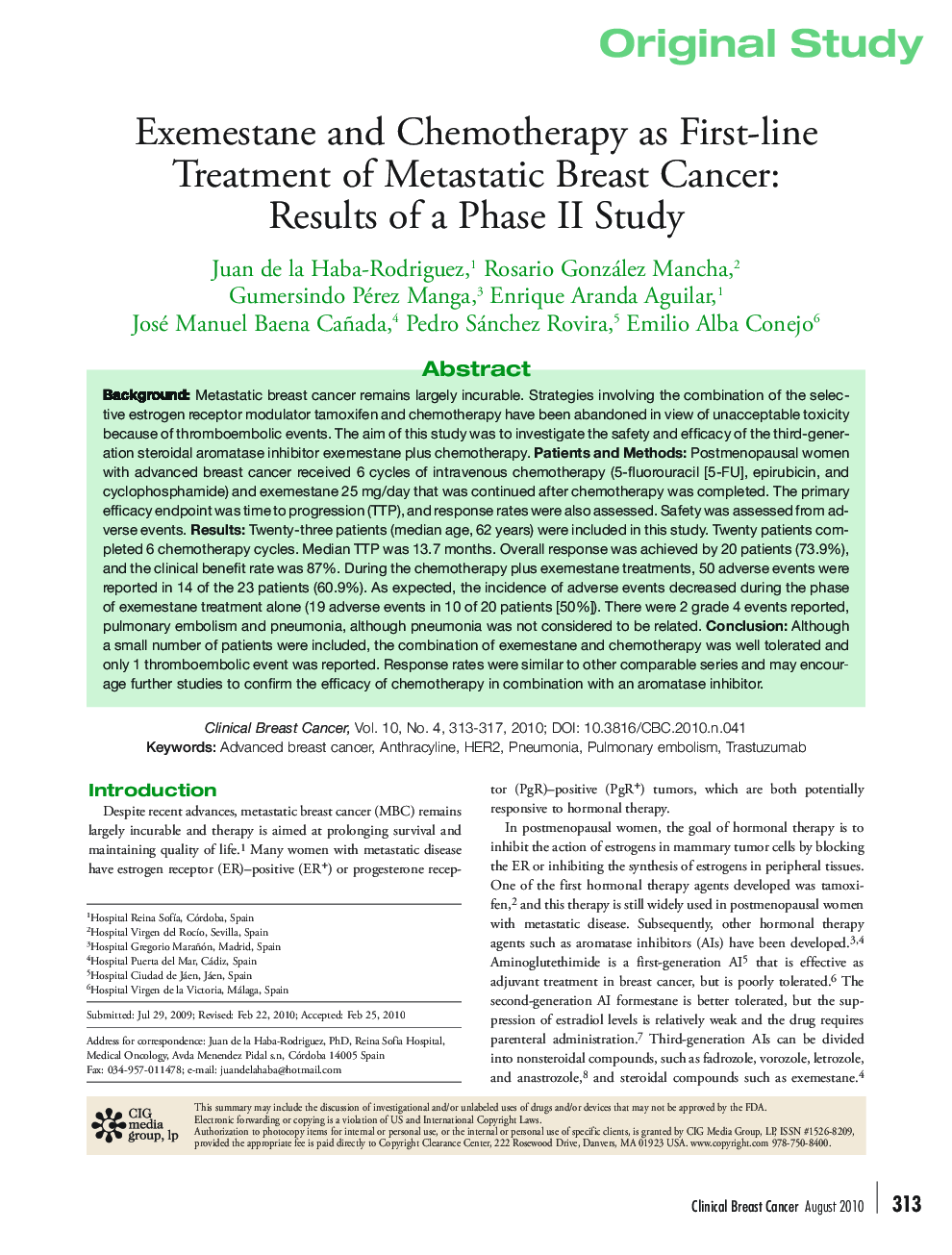 Exemestane and Chemotherapy as First-line Treatment of Metastatic Breast Cancer: Results of a Phase II Study 