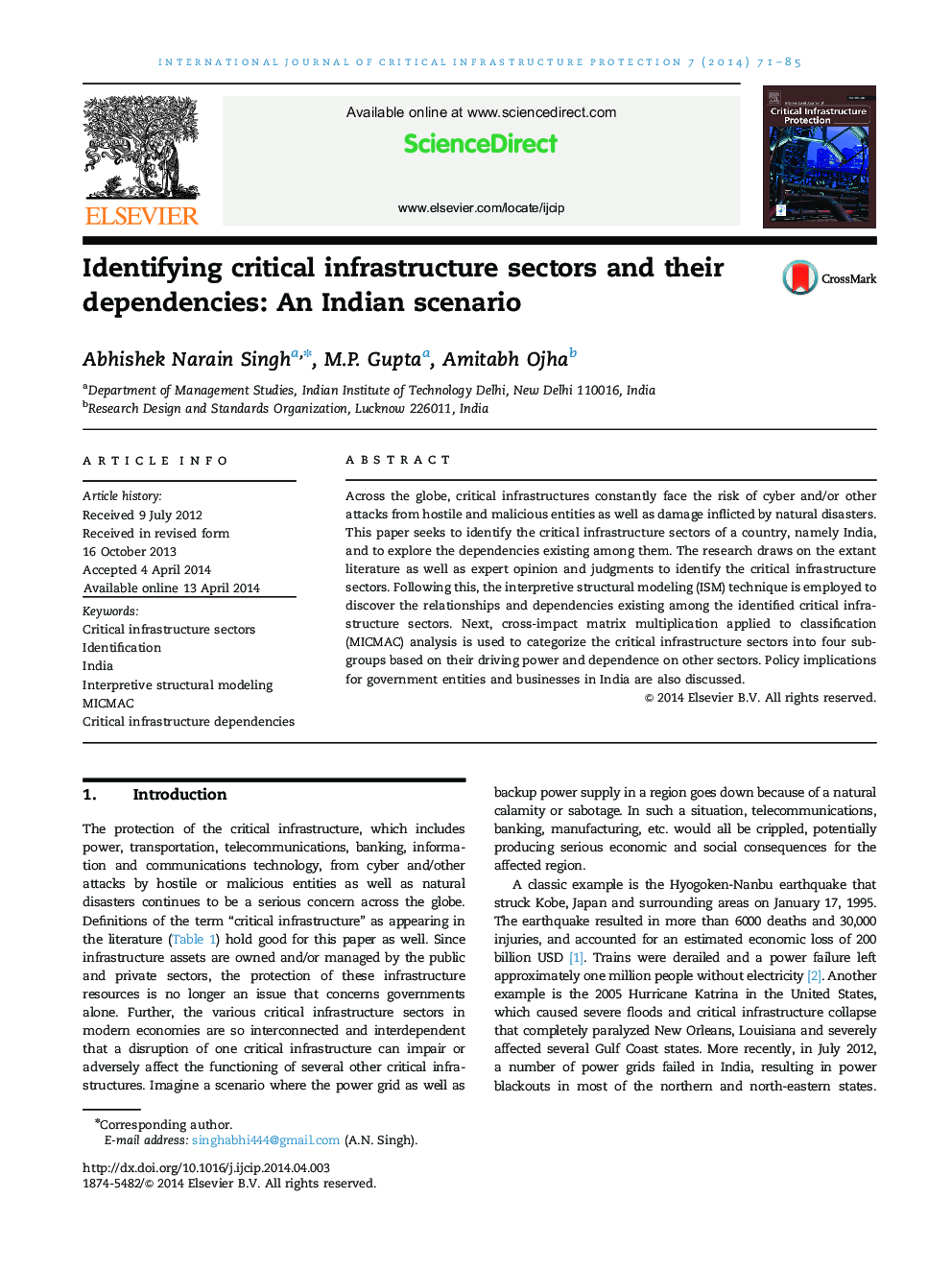 Identifying critical infrastructure sectors and their dependencies: An Indian scenario