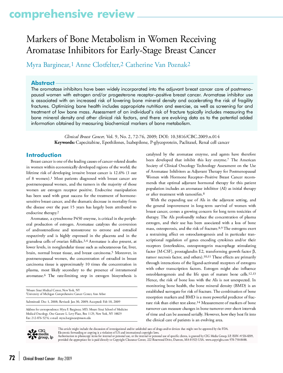 Markers of Bone Metabolism in Women Receiving Aromatase Inhibitors for Early-Stage Breast Cancer 