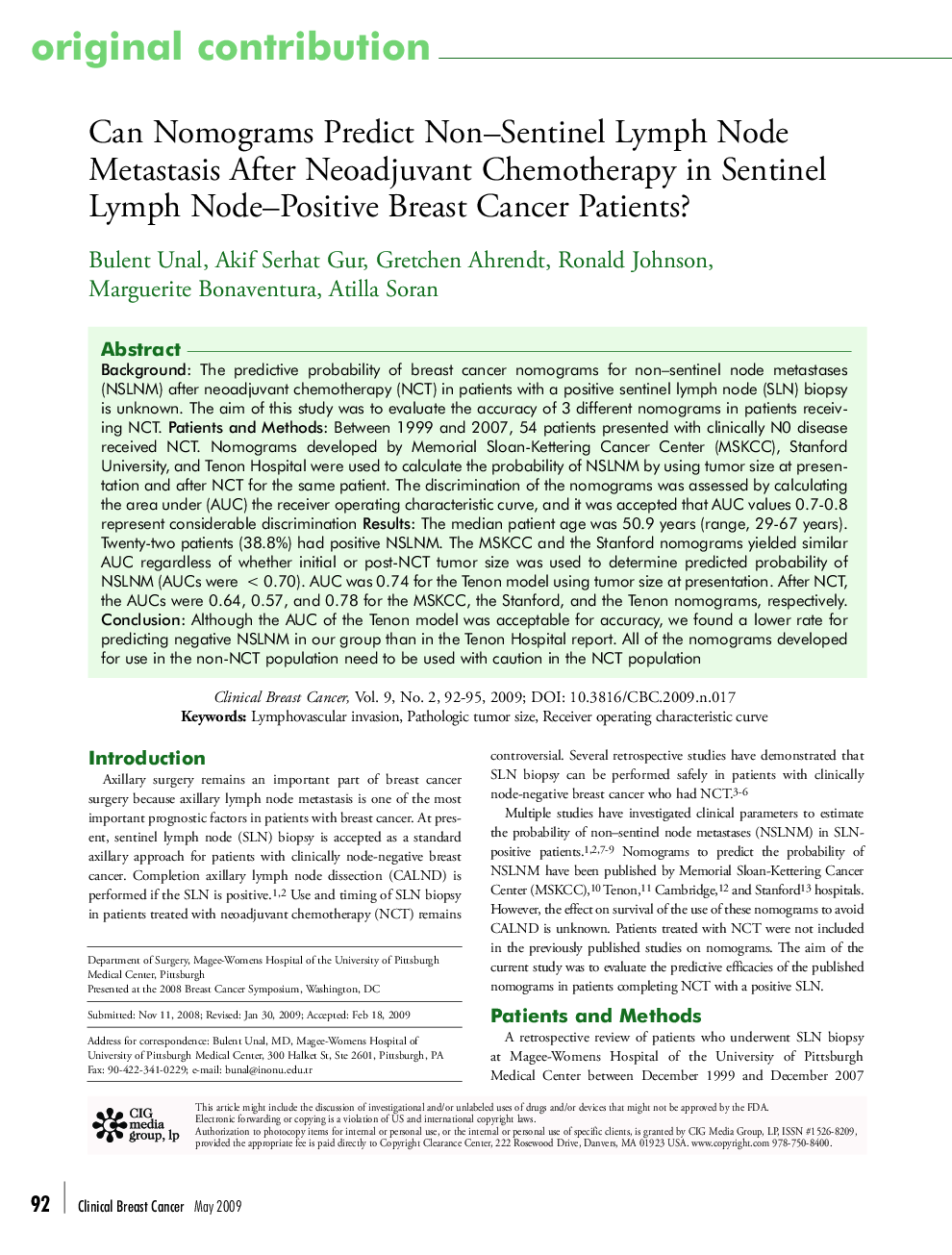 عکس صفحه اول مقاله: Can Nomograms Predict Non–Sentinel Lymph Node Metastasis After Neoadjuvant Chemotherapy in Sentinel Lymph Node–Positive Breast Cancer Patients? Can Nomograms Predict Non–Sentinel Lymph Node Metastasis After Neoadjuvant Chemotherapy in Sentinel Lymph Node–Positive Breast Cancer Patients?