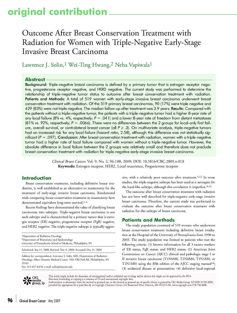 عکس صفحه اول مقاله: Outcome After Breast Conservation Treatment with Radiation for Women with Triple-Negative Early-Stage Invasive Breast Carcinoma Outcome After Breast Conservation Treatment with Radiation for Women with Triple-Negative Early-Stage Invasive Breast Carcinoma