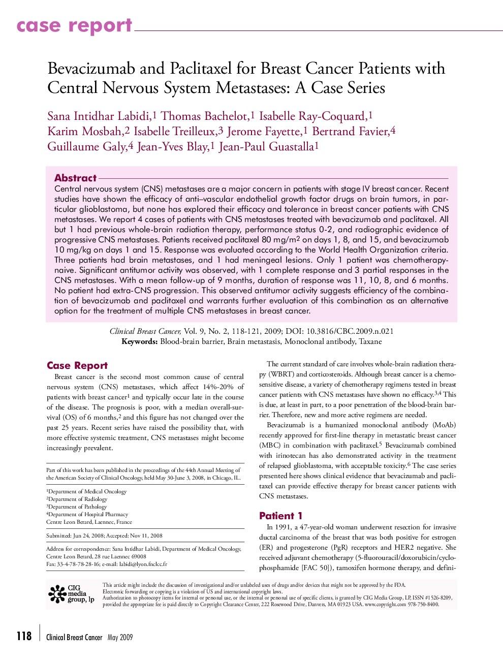 عکس صفحه اول مقاله: Bevacizumab and Paclitaxel for Breast Cancer Patients with Central Nervous System Metastases: A Case Series Bevacizumab and Paclitaxel for Breast Cancer Patients with Central Nervous System Metastases: A Case Series