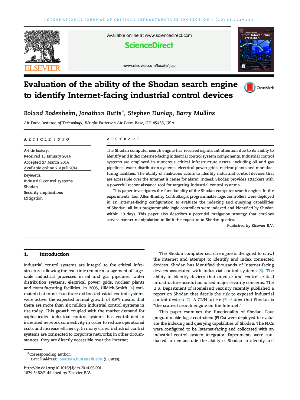 Evaluation of the ability of the Shodan search engine to identify Internet-facing industrial control devices