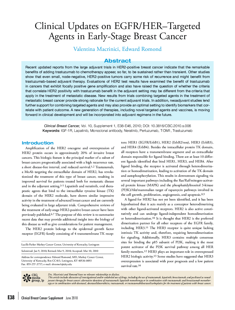 Clinical Updates on EGFR/HER Targeted Agents in Early-Stage Breast Cancer 