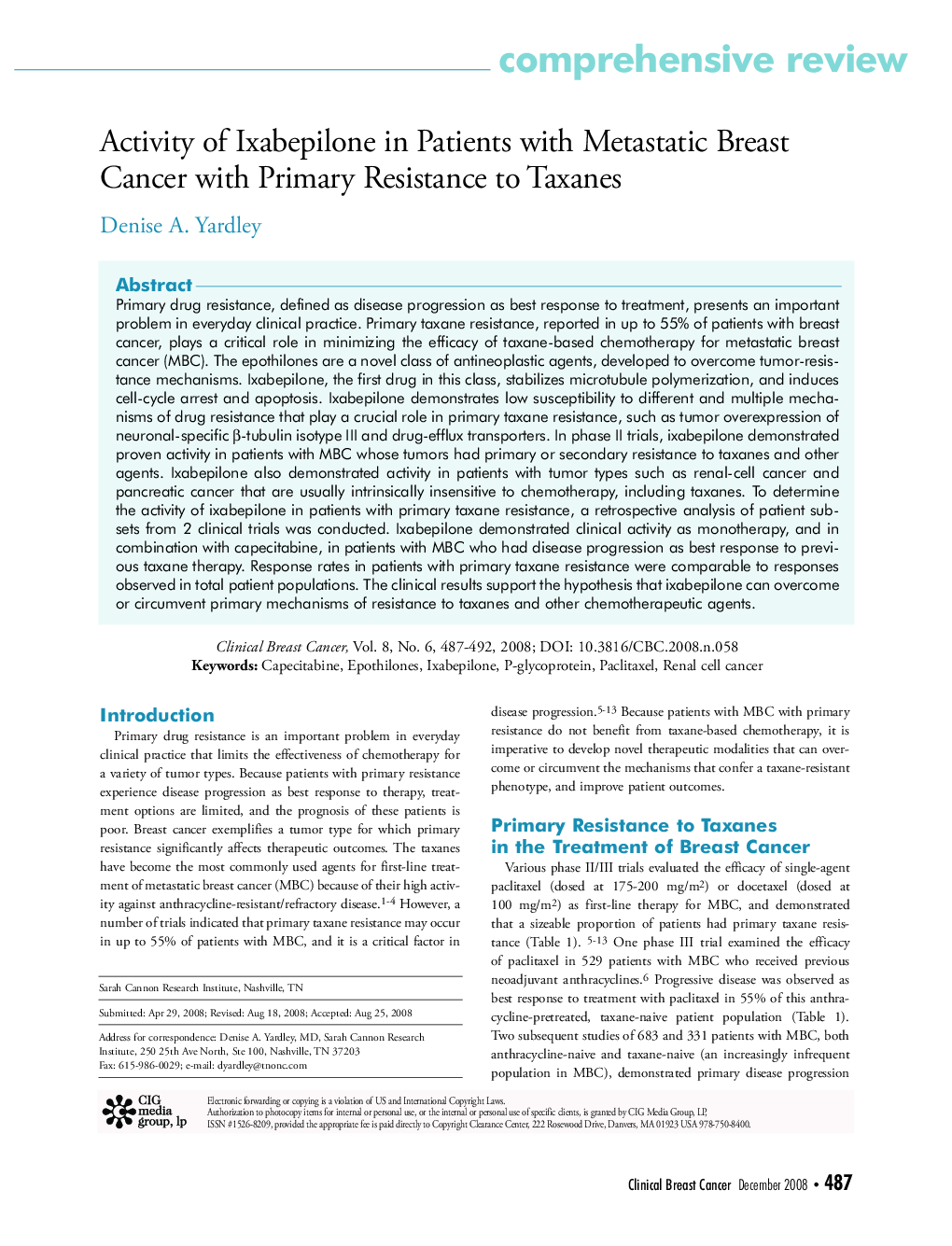 عکس صفحه اول مقاله: Activity of Ixabepilone in Patients with Metastatic Breast Cancer with Primary Resistance to Taxanes Activity of Ixabepilone in Patients with Metastatic Breast Cancer with Primary Resistance to Taxanes