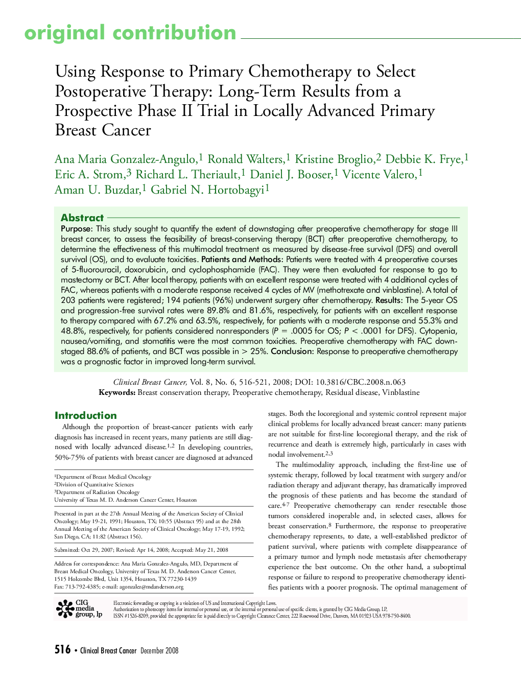 عکس صفحه اول مقاله: Using Response to Primary Chemotherapy to Select Postoperative Therapy: Long-Term Results from a Prospective Phase II Trial in Locally Advanced Primary Breast Cancer Using Response to Primary Chemotherapy to Select Postoperative Therapy: Long-Term Results from a Prospective Phase II Trial in Locally Advanced Primary Breast Cancer