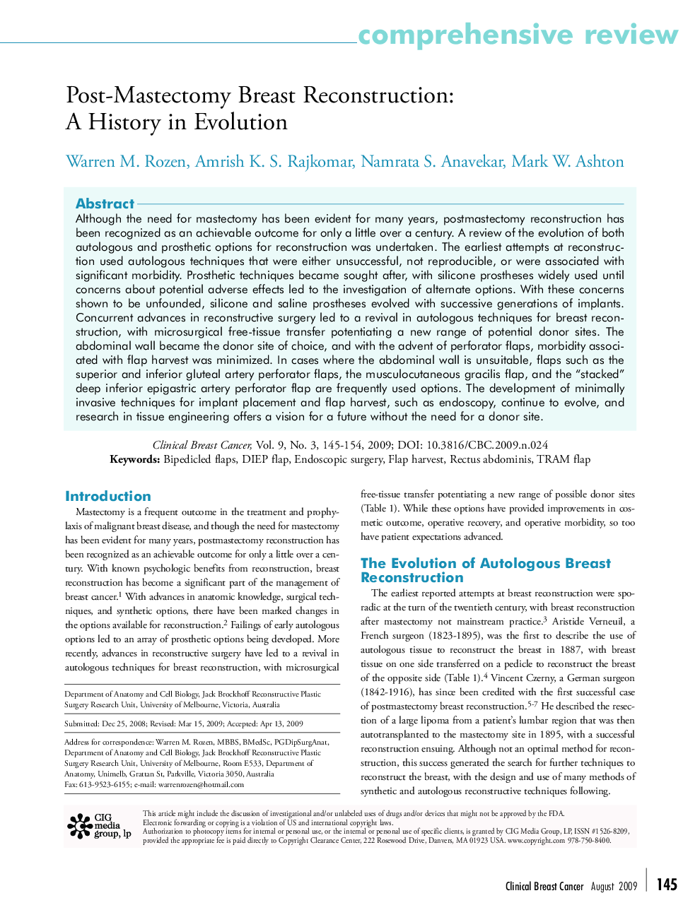 Post-Mastectomy Breast Reconstruction: A History in Evolution 