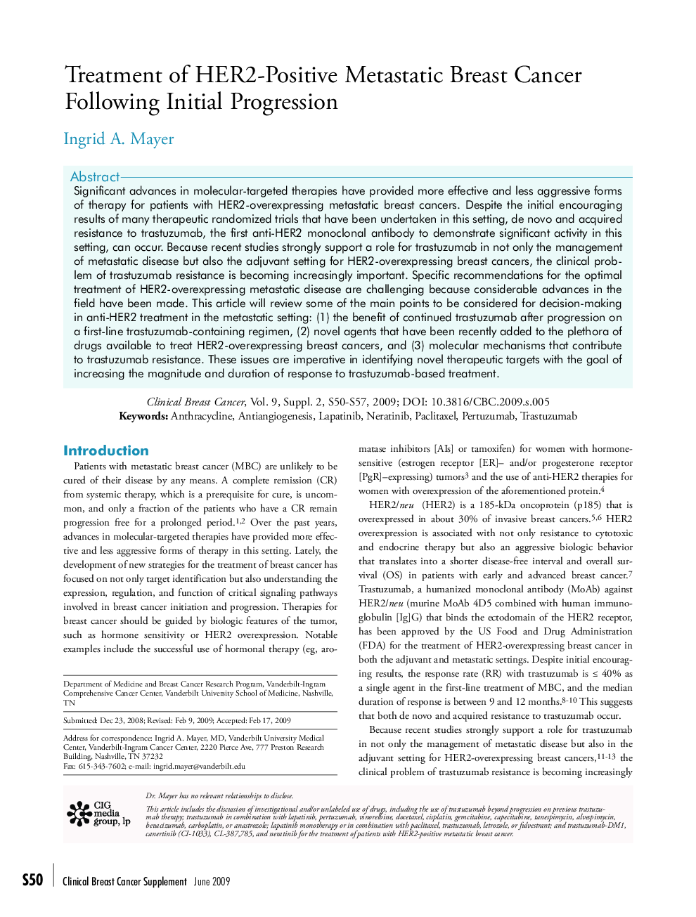 عکس صفحه اول مقاله: Treatment of HER2-Positive Metastatic Breast Cancer Following Initial Progression Treatment of HER2-Positive Metastatic Breast Cancer Following Initial Progression