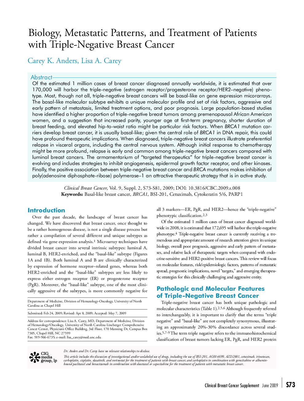 عکس صفحه اول مقاله: Biology, Metastatic Patterns, and Treatment of Patients with Triple-Negative Breast Cancer Biology, Metastatic Patterns, and Treatment of Patients with Triple-Negative Breast Cancer