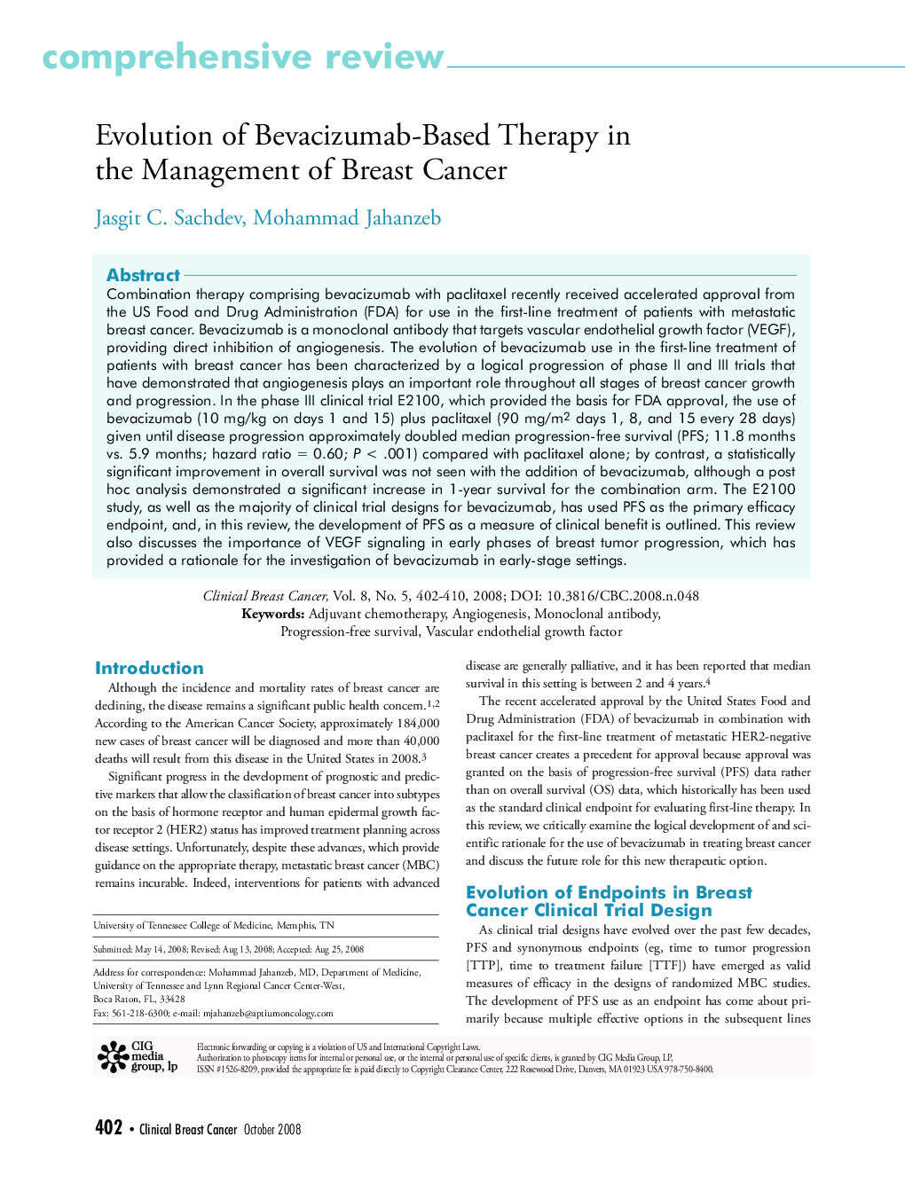 عکس صفحه اول مقاله: Evolution of Bevacizumab-Based Therapy in the Management of Breast Cancer Evolution of Bevacizumab-Based Therapy in the Management of Breast Cancer