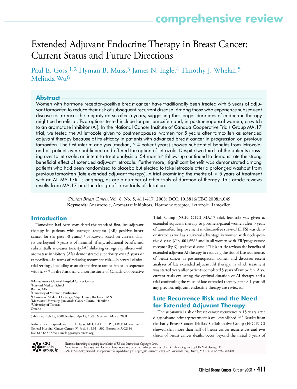 عکس صفحه اول مقاله: Extended Adjuvant Endocrine Therapy in Breast Cancer: Current Status and Future Directions Extended Adjuvant Endocrine Therapy in Breast Cancer: Current Status and Future Directions