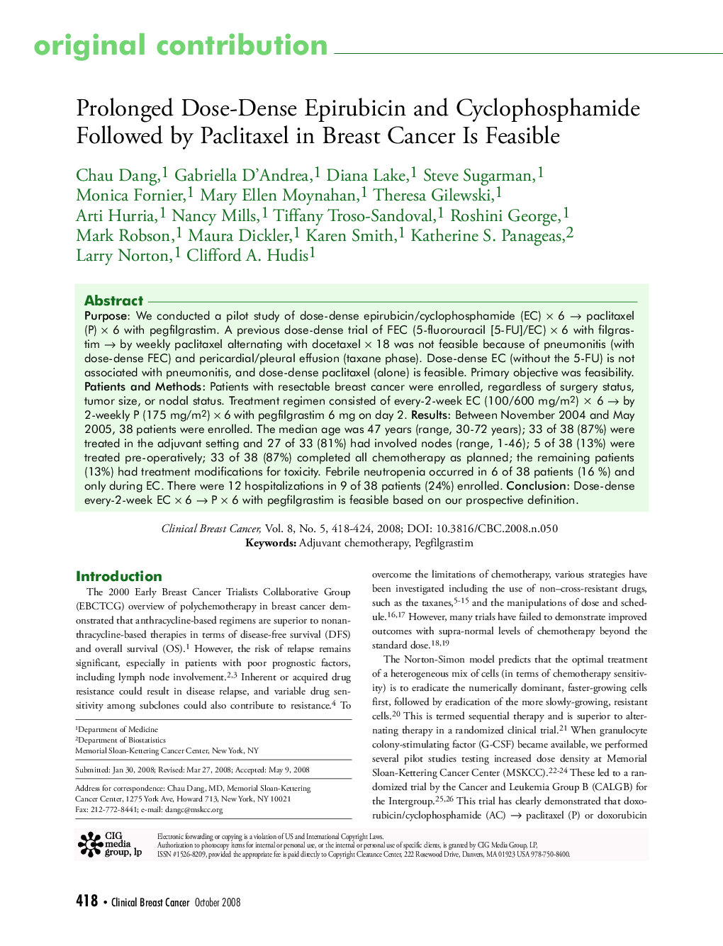 عکس صفحه اول مقاله: Prolonged Dose-Dense Epirubicin and Cyclophosphamide Followed by Paclitaxel in Breast Cancer Is Feasible Prolonged Dose-Dense Epirubicin and Cyclophosphamide Followed by Paclitaxel in Breast Cancer Is Feasible