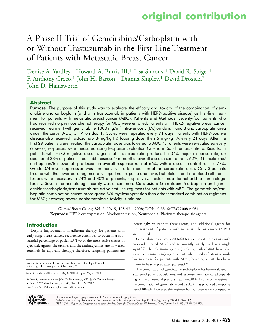 عکس صفحه اول مقاله: A Phase II Trial of Gemcitabine/Carboplatin with or Without Trastuzumab in the First-Line Treatment of Patients with Metastatic Breast Cancer A Phase II Trial of Gemcitabine/Carboplatin with or Without Trastuzumab in the First-Line Treatment of Patients with Metastatic Breast Cancer