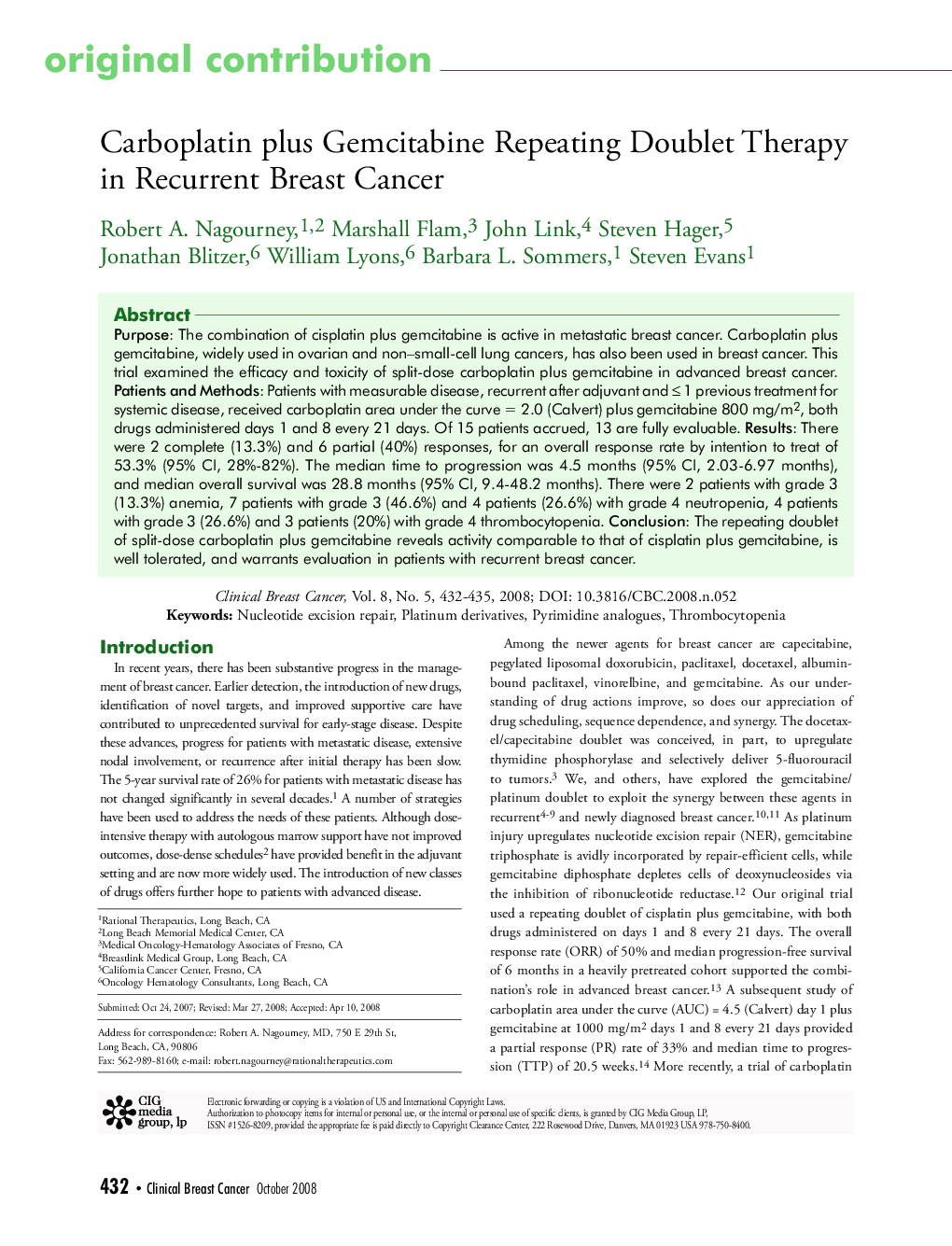 عکس صفحه اول مقاله: Carboplatin plus Gemcitabine Repeating Doublet Therapy in Recurrent Breast Cancer Carboplatin plus Gemcitabine Repeating Doublet Therapy in Recurrent Breast Cancer