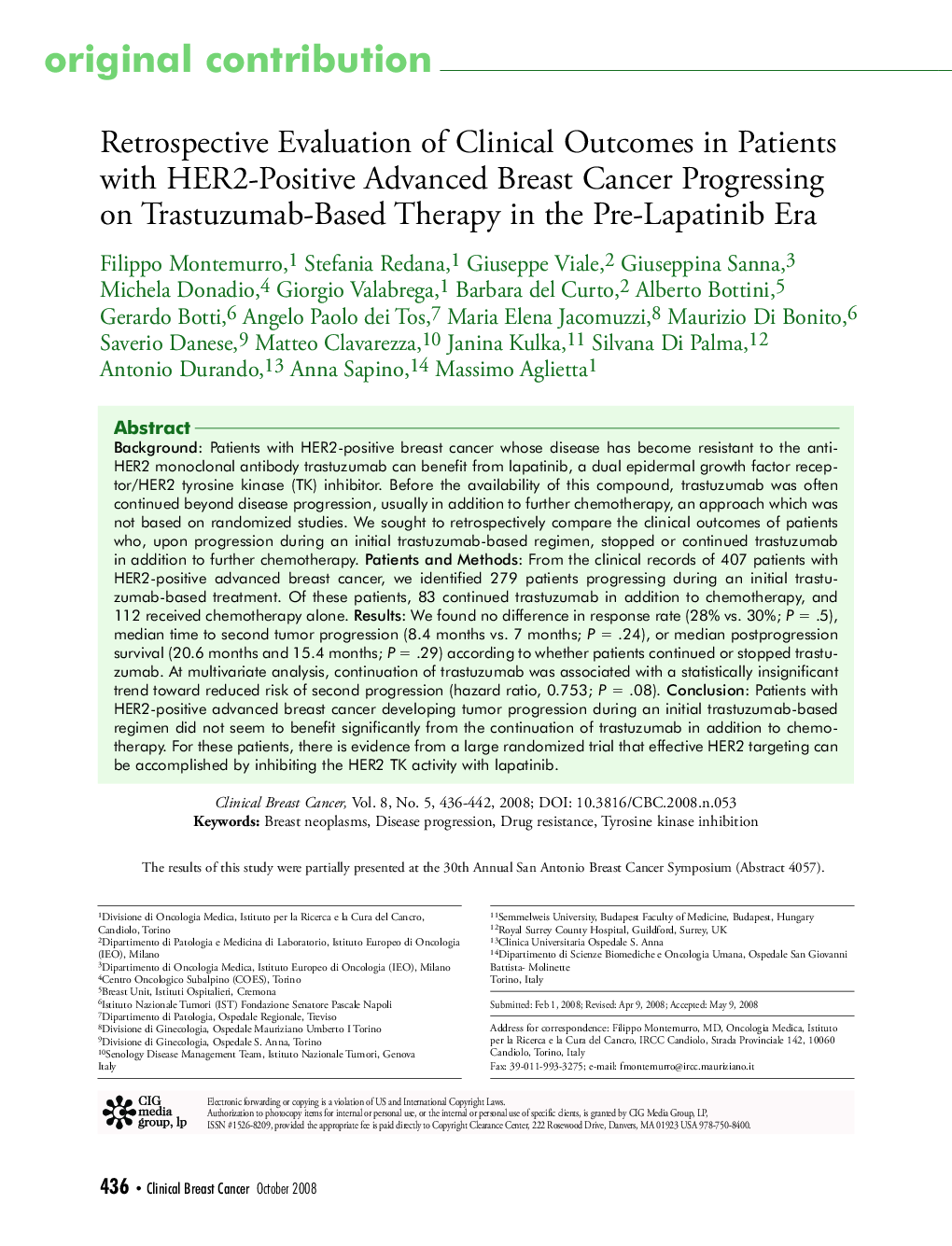 عکس صفحه اول مقاله: Retrospective Evaluation of Clinical Outcomes in Patients with HER2-Positive Advanced Breast Cancer Progressing on Trastuzumab-Based Therapy in the Pre-Lapatinib Era Retrospective Evaluation of Clinical Outcomes in Patients with HER2-Positive Advanced Breast Cancer Progressing on Trastuzumab-Based Therapy in the Pre-Lapatinib Era