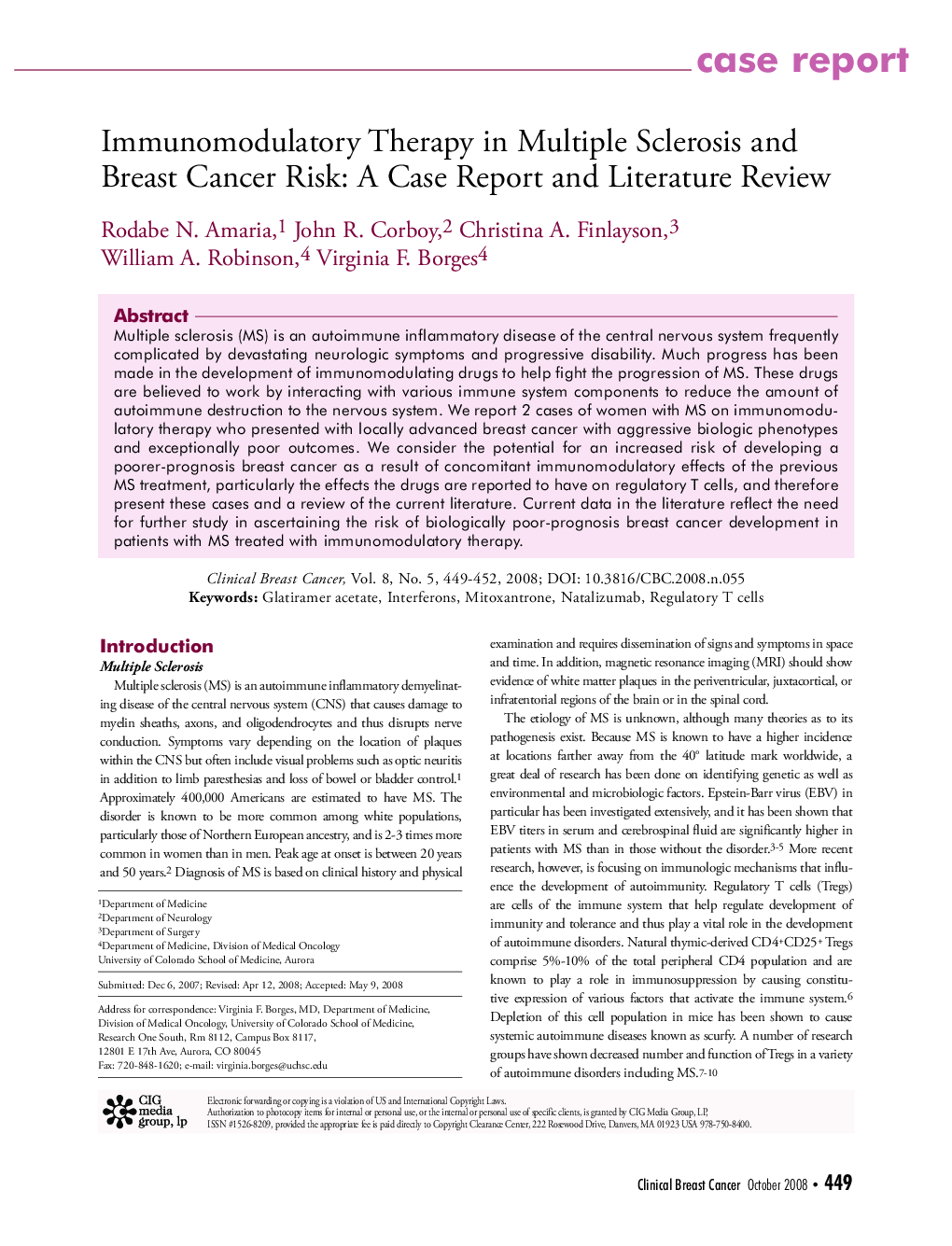 عکس صفحه اول مقاله: Immunomodulatory Therapy in Multiple Sclerosis and Breast Cancer Risk: A Case Report and Literature Review Immunomodulatory Therapy in Multiple Sclerosis and Breast Cancer Risk: A Case Report and Literature Review