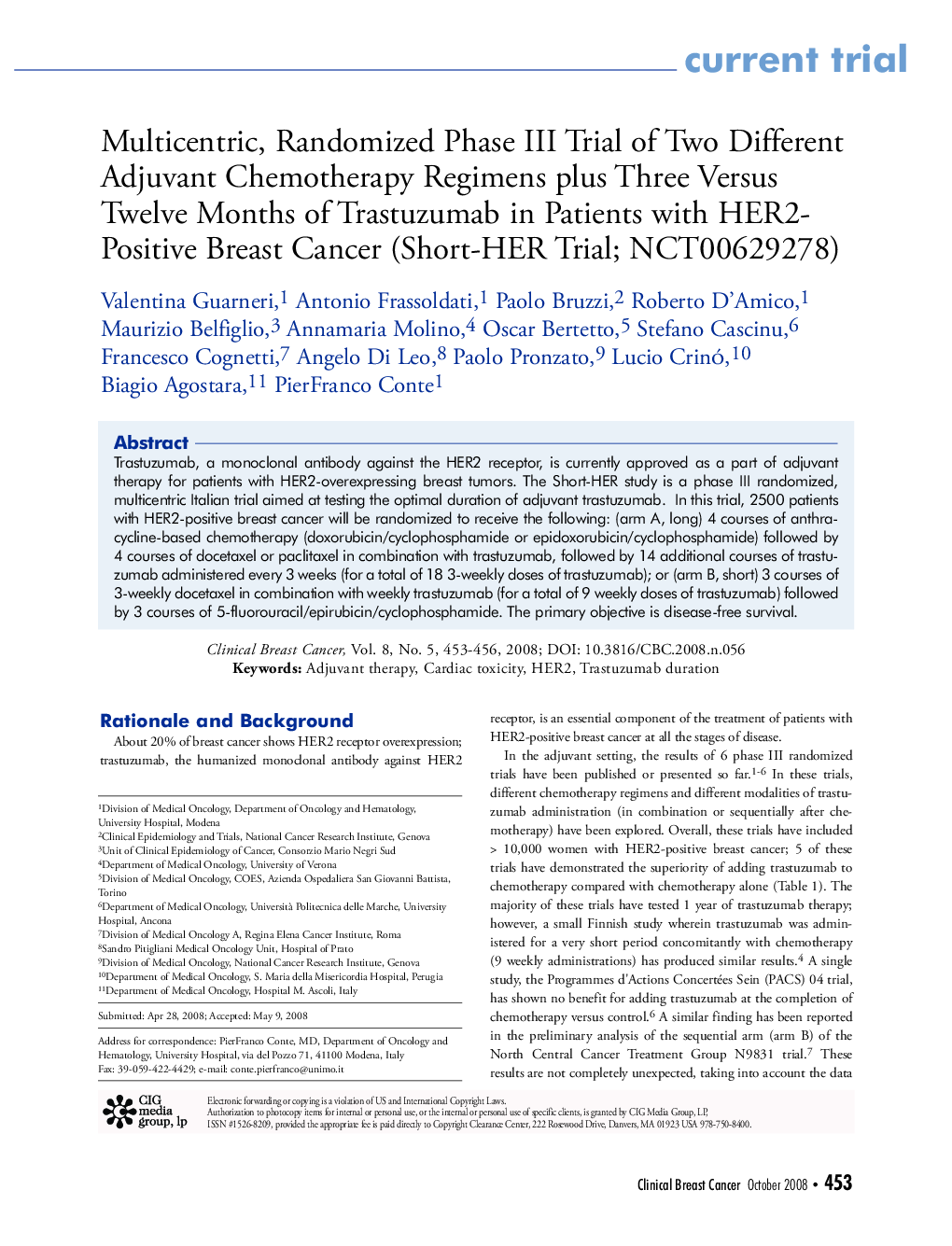 عکس صفحه اول مقاله: Multicentric, Randomized Phase III Trial of Two Different Adjuvant Chemotherapy Regimens plus Three Versus Twelve Months of Trastuzumab in Patients with HER2-Positive Breast Cancer (Short-HER Trial; NCT00629278) Multicentric, Randomized Phase III Trial of Two Different Adjuvant Chemotherapy Regimens plus Three Versus Twelve Months of Trastuzumab in Patients with HER2-Positive Breast Cancer (Short-HER Trial; NCT00629278)