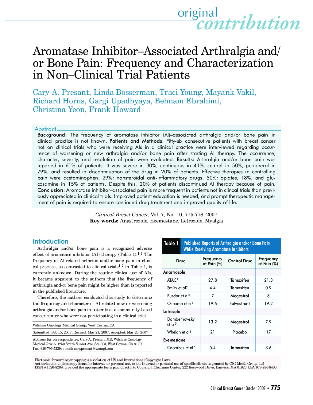 Aromatase Inhibitor–Associated Arthralgia and/or Bone Pain: Frequency and Characterization in Non–Clinical Trial Patients 