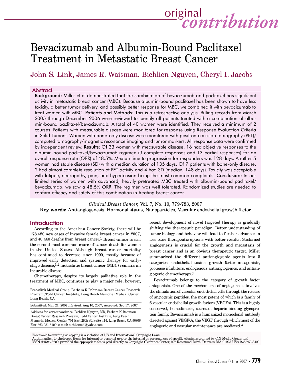 Bevacizumab and Albumin-Bound Paclitaxel Treatment in Metastatic Breast Cancer