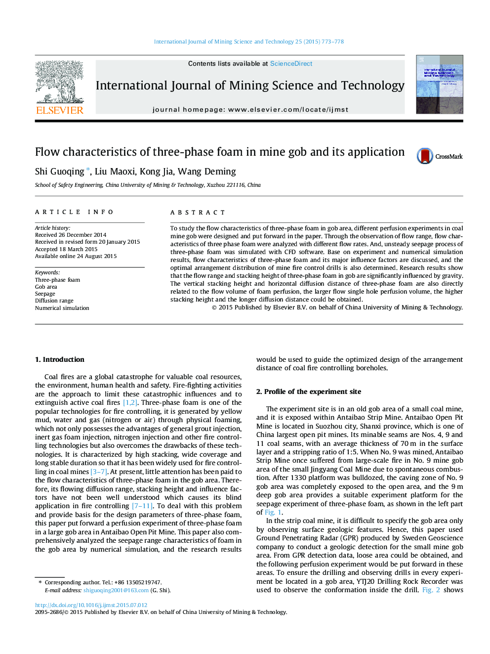 Flow characteristics of three-phase foam in mine gob and its application