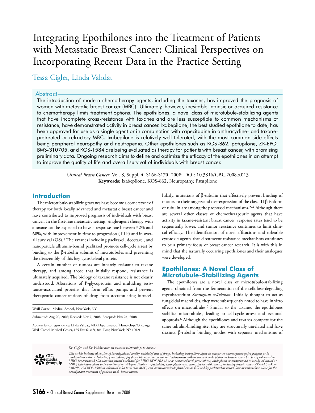 Integrating Epothilones into the Treatment of Patients with Metastatic Breast Cancer: Clinical Perspectives on Incorporating Recent Data in the Practice Setting 
