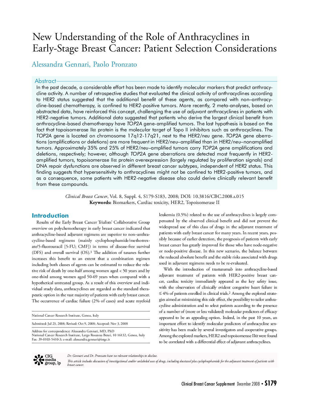 عکس صفحه اول مقاله: New Understanding of the Role of Anthracyclines in Early-Stage Breast Cancer: Patient Selection Considerations New Understanding of the Role of Anthracyclines in Early-Stage Breast Cancer: Patient Selection Considerations