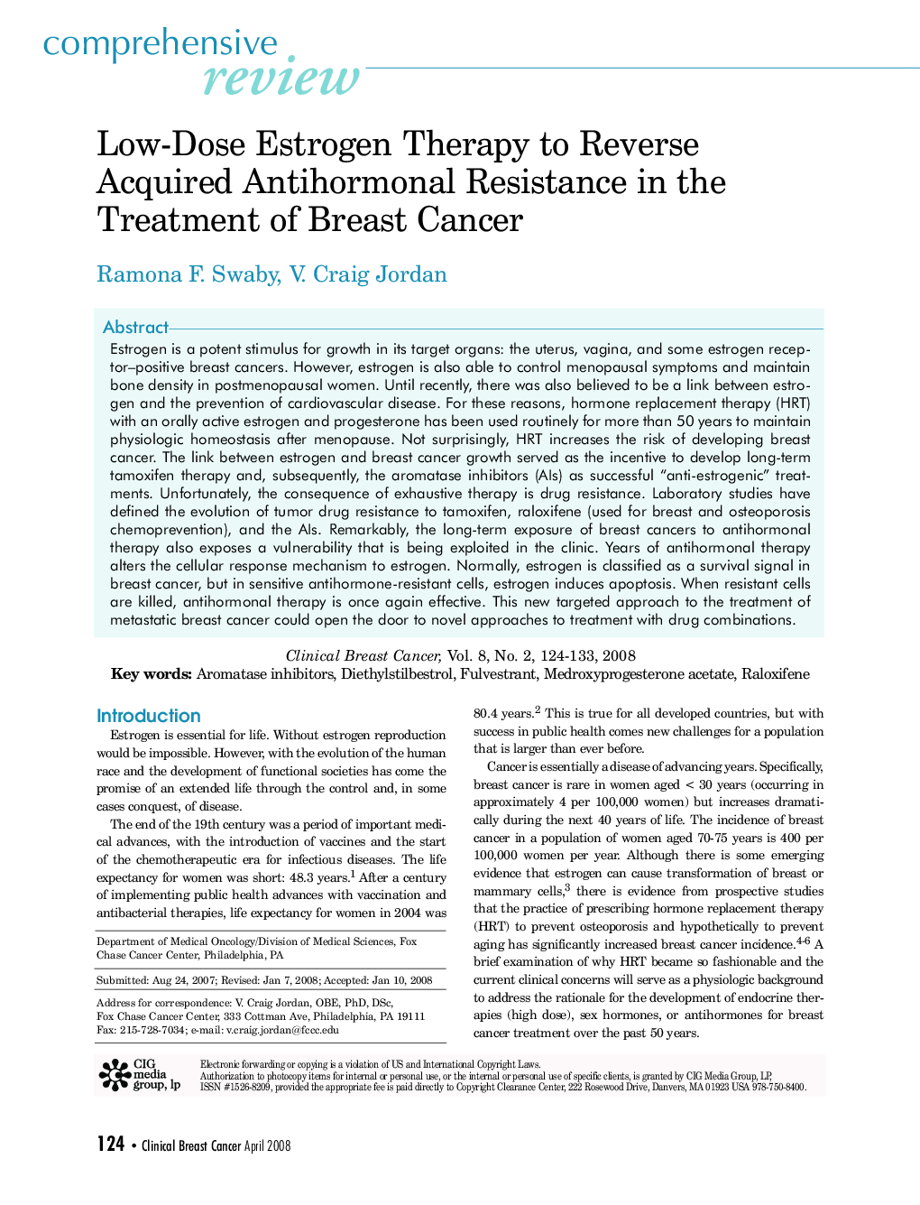عکس صفحه اول مقاله: Low-Dose Estrogen Therapy to Reverse Acquired Antihormonal Resistance in the Treatment of Breast Cancer Low-Dose Estrogen Therapy to Reverse Acquired Antihormonal Resistance in the Treatment of Breast Cancer
