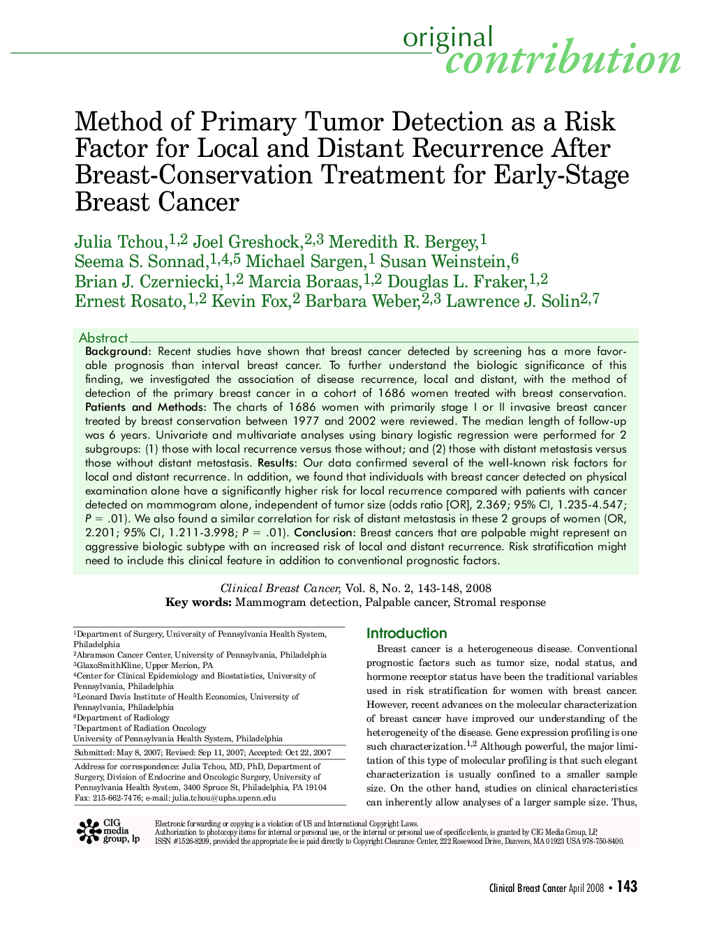 عکس صفحه اول مقاله: Method of Primary Tumor Detection as a Risk Factor for Local and Distant Recurrence After Breast-Conservation Treatment for Early-Stage Breast Cancer Method of Primary Tumor Detection as a Risk Factor for Local and Distant Recurrence After Breast-Conservation Treatment for Early-Stage Breast Cancer