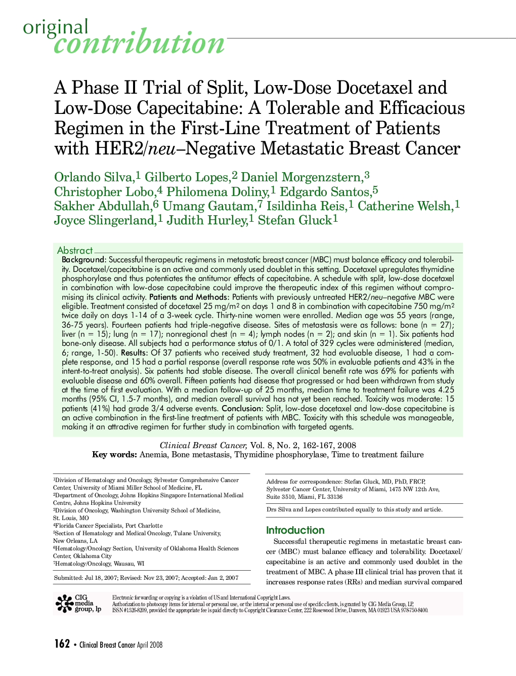 عکس صفحه اول مقاله: A Phase II Trial of Split, Low-Dose Docetaxel and Low-Dose Capecitabine: A Tolerable and Efficacious Regimen in the First-Line Treatment of Patients with HER2/neu–Negative Metastatic Breast Cancer A Phase II Trial of Split, Low-Dose Docetaxel and Low-Dose Capecitabine: A Tolerable and Efficacious Regimen in the First-Line Treatment of Patients with HER2/neu–Negative Metastatic Breast Cancer