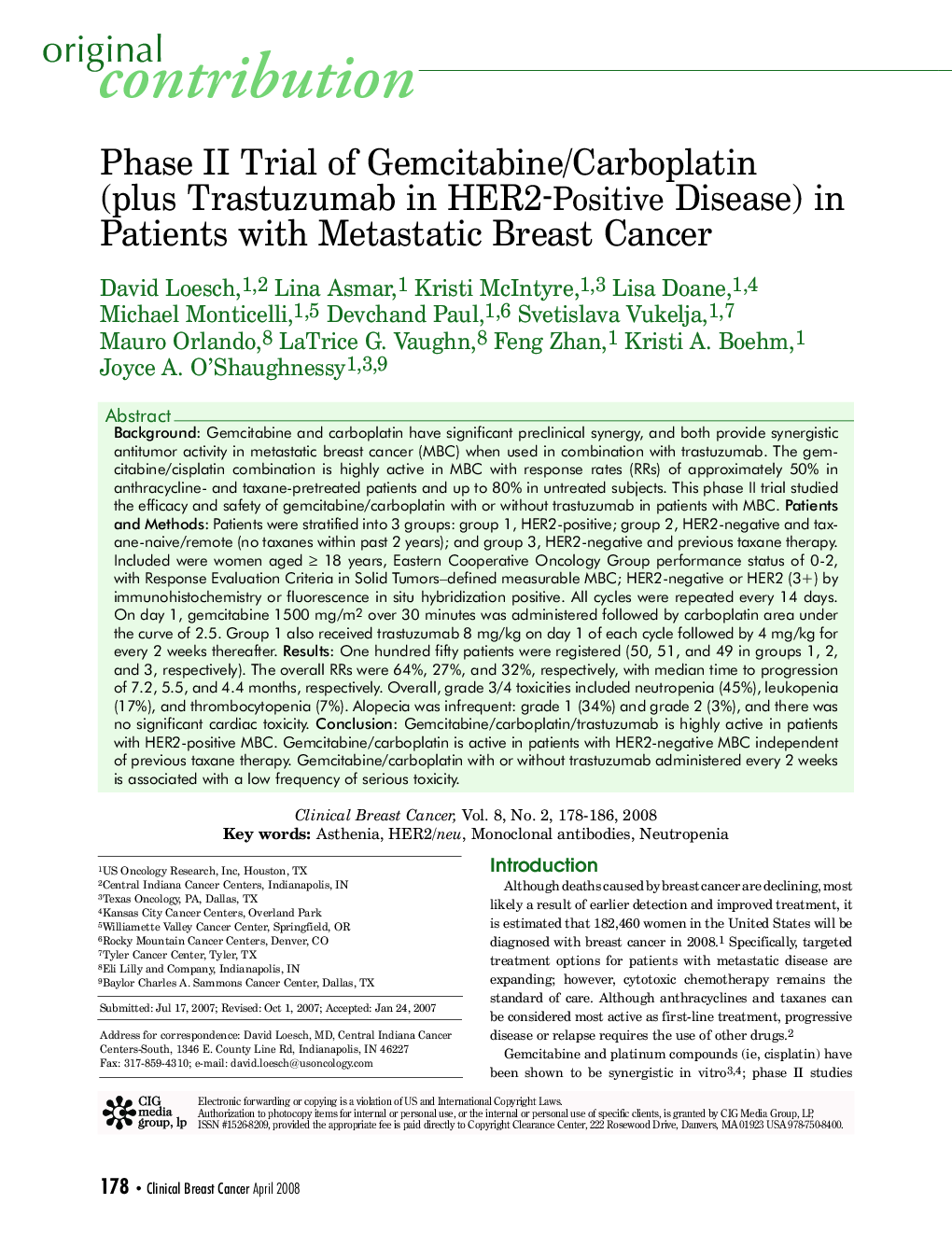 عکس صفحه اول مقاله: Phase II Trial of Gemcitabine/Carboplatin (plus Trastuzumab in HER2-Positive Disease) in Patients with Metastatic Breast Cancer Phase II Trial of Gemcitabine/Carboplatin (plus Trastuzumab in HER2-Positive Disease) in Patients with Metastatic Breast Cancer