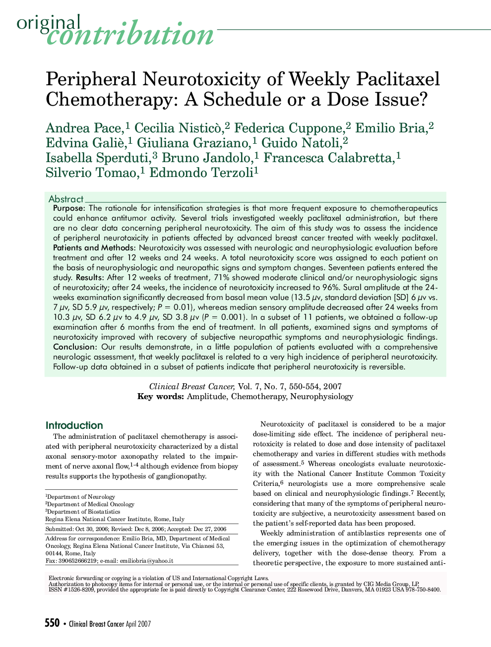 عکس صفحه اول مقاله: Peripheral Neurotoxicity of Weekly Paclitaxel Chemotherapy: A Schedule or a Dose Issue? Peripheral Neurotoxicity of Weekly Paclitaxel Chemotherapy: A Schedule or a Dose Issue?