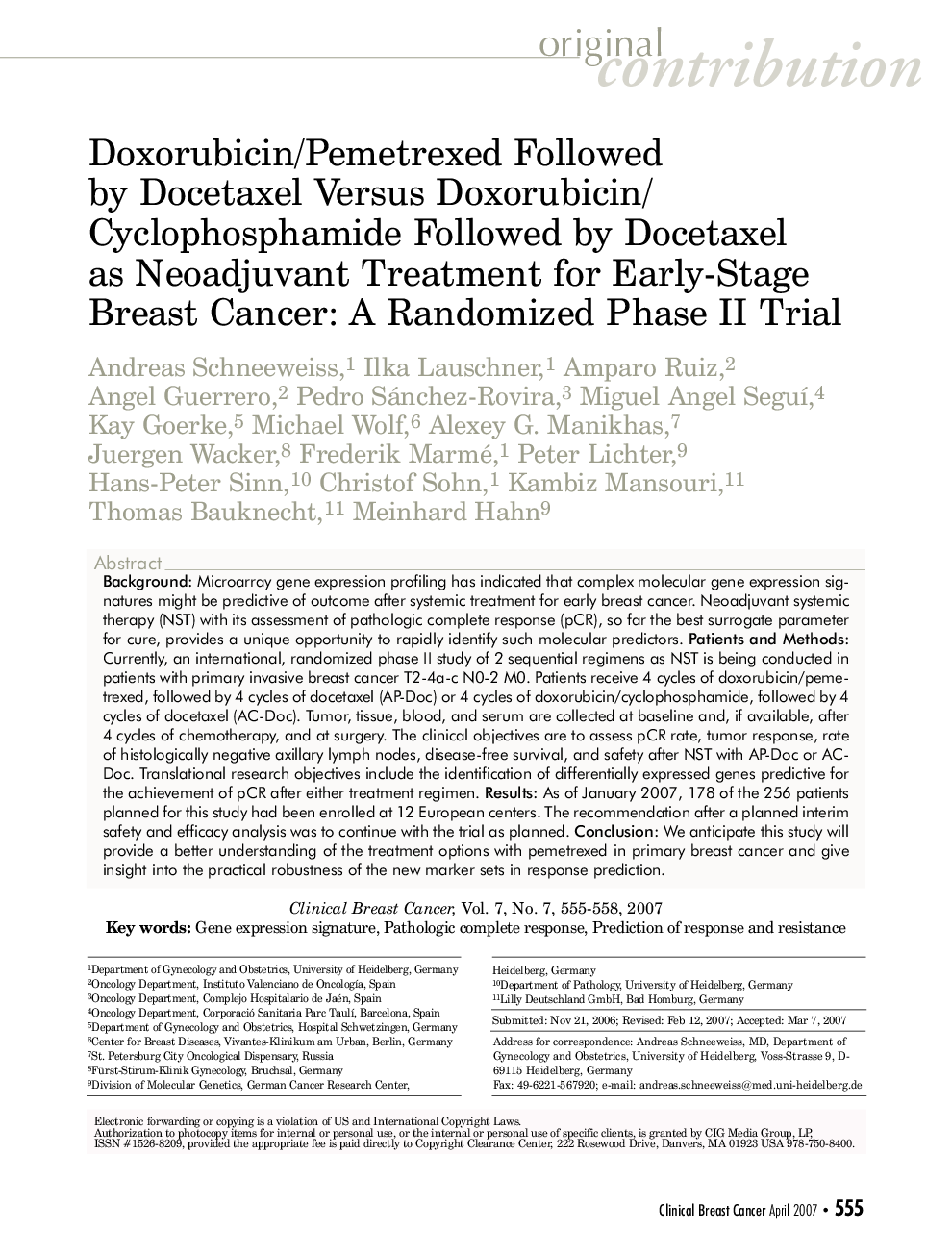 Doxorubicin/Pemetrexed Followed by Docetaxel Versus Doxorubicin/Cyclophosphamide Followed by Docetaxel as Neoadjuvant Treatment for Early-Stage Breast Cancer: A Randomized Phase II Trial 