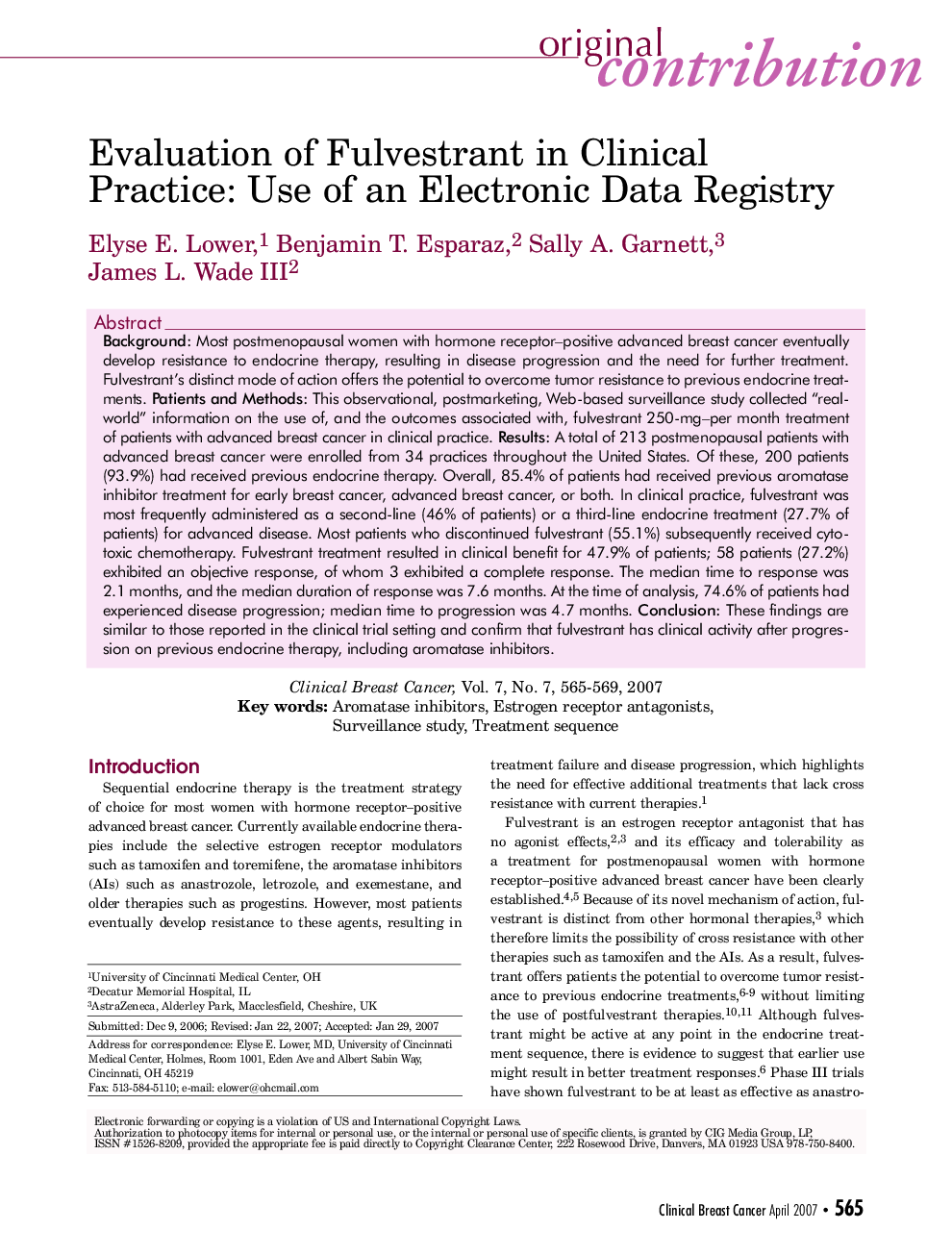 عکس صفحه اول مقاله: Evaluation of Fulvestrant in Clinical Practice: Use of an Electronic Data Registry Evaluation of Fulvestrant in Clinical Practice: Use of an Electronic Data Registry