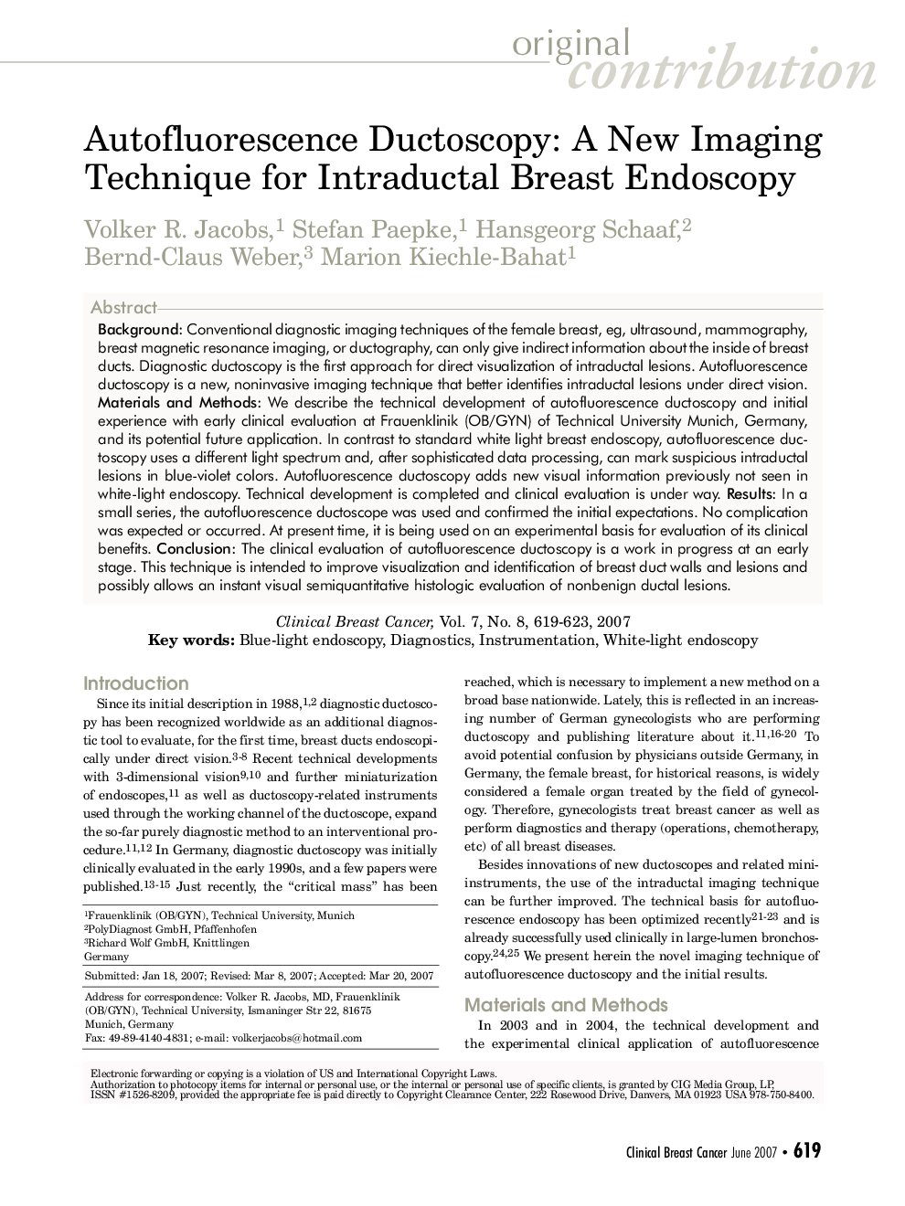 Autofluorescence Ductoscopy: A New Imaging Technique for Intraductal Breast Endoscopy 