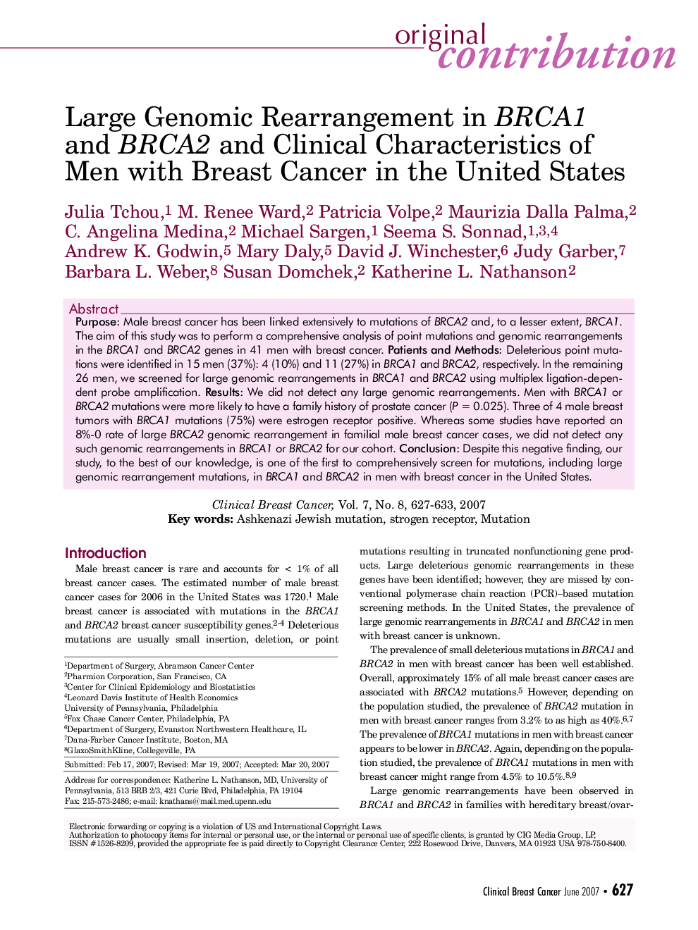 Large Genomic Rearrangement in BRCA1 and BRCA2 and Clinical Characteristics of Men with Breast Cancer in the United States 