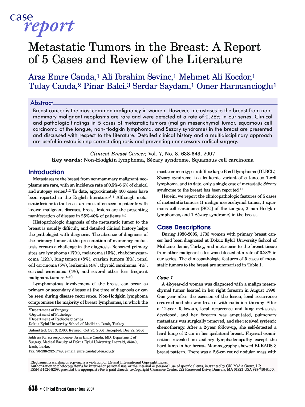 Metastatic Tumors in the Breast: A Report of 5 Cases and Review of the Literature 