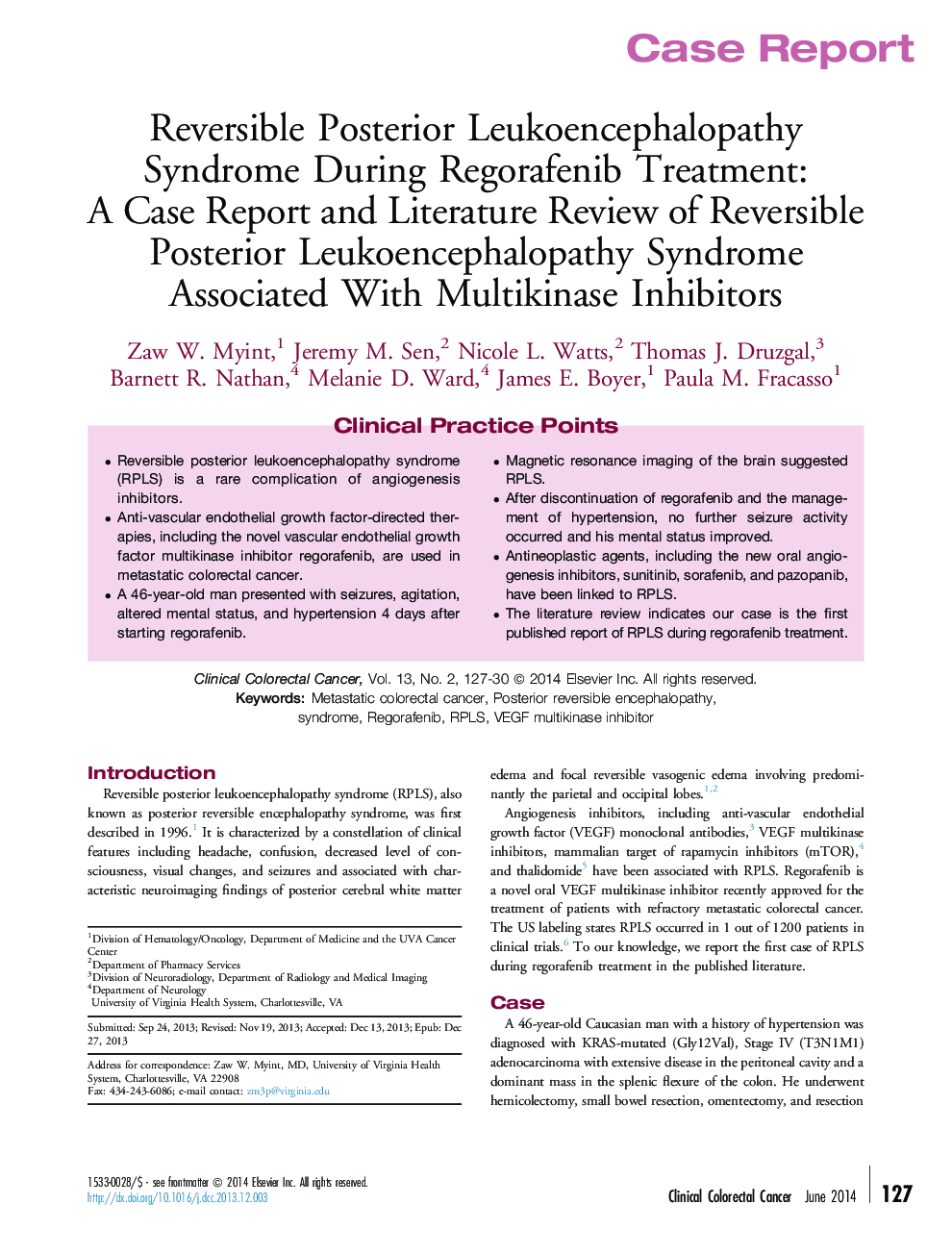 Reversible Posterior Leukoencephalopathy Syndrome During Regorafenib Treatment: A Case Report and Literature Review of Reversible Posterior Leukoencephalopathy Syndrome Associated With Multikinase Inhibitors