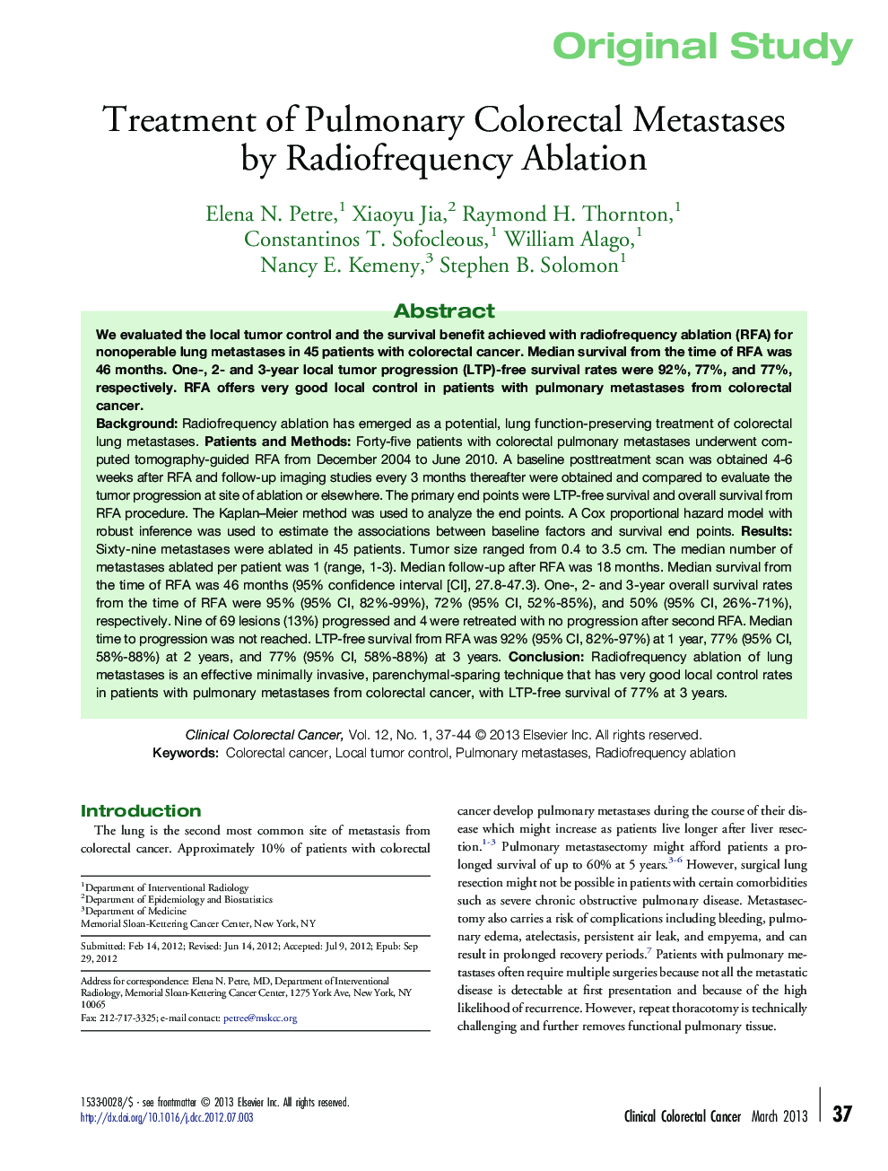 Treatment of Pulmonary Colorectal Metastases by Radiofrequency Ablation