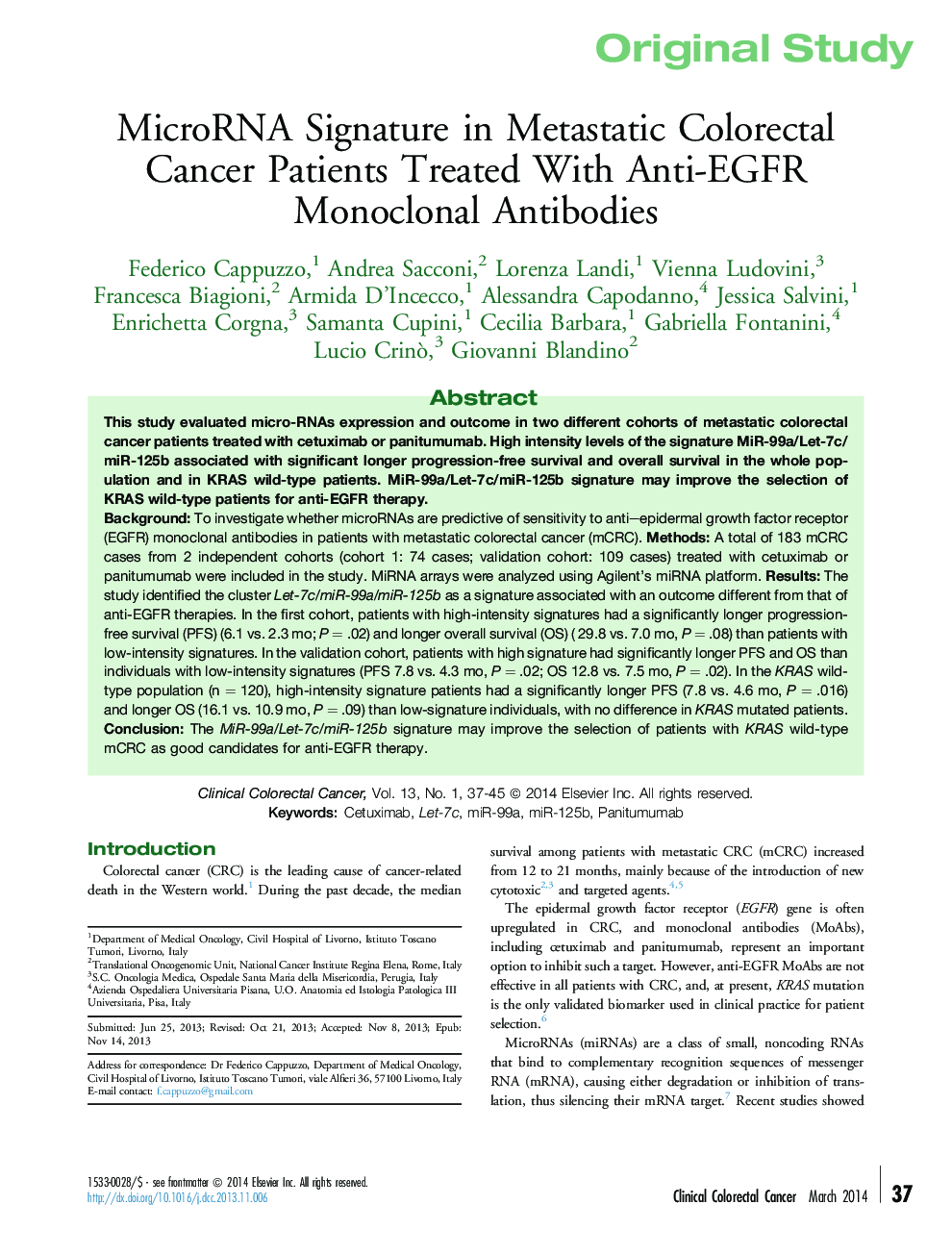 MicroRNA Signature in Metastatic Colorectal Cancer Patients Treated With Anti-EGFR Monoclonal Antibodies