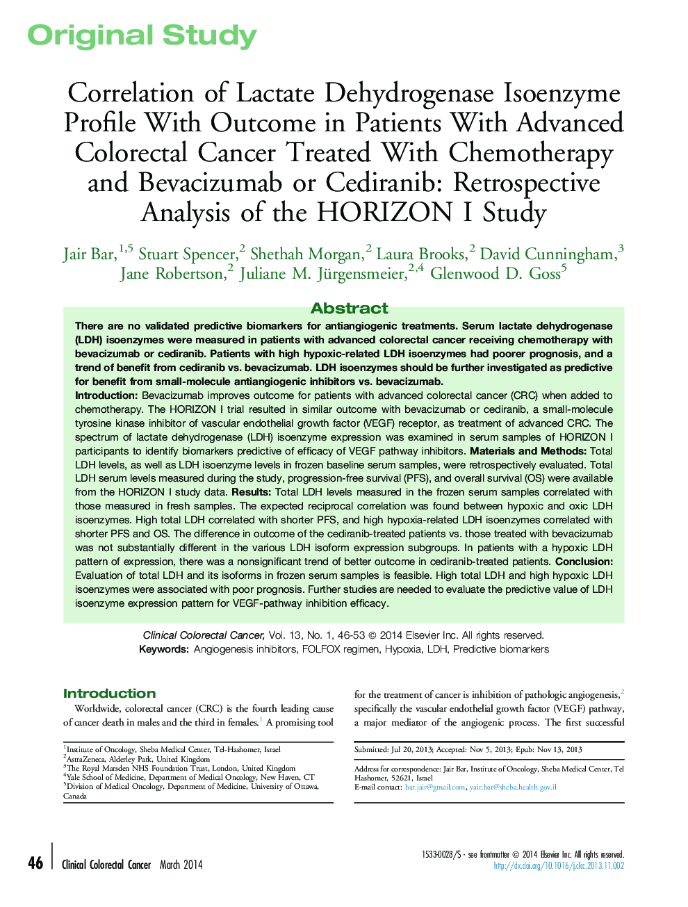 Correlation of Lactate Dehydrogenase Isoenzyme Profile With Outcome in Patients With Advanced Colorectal Cancer Treated With Chemotherapy and Bevacizumab or Cediranib: Retrospective Analysis of the HORIZON I Study
